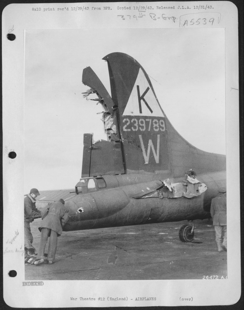 20 mm Cannon damage done by enemy fighter to the rudder of Boeing