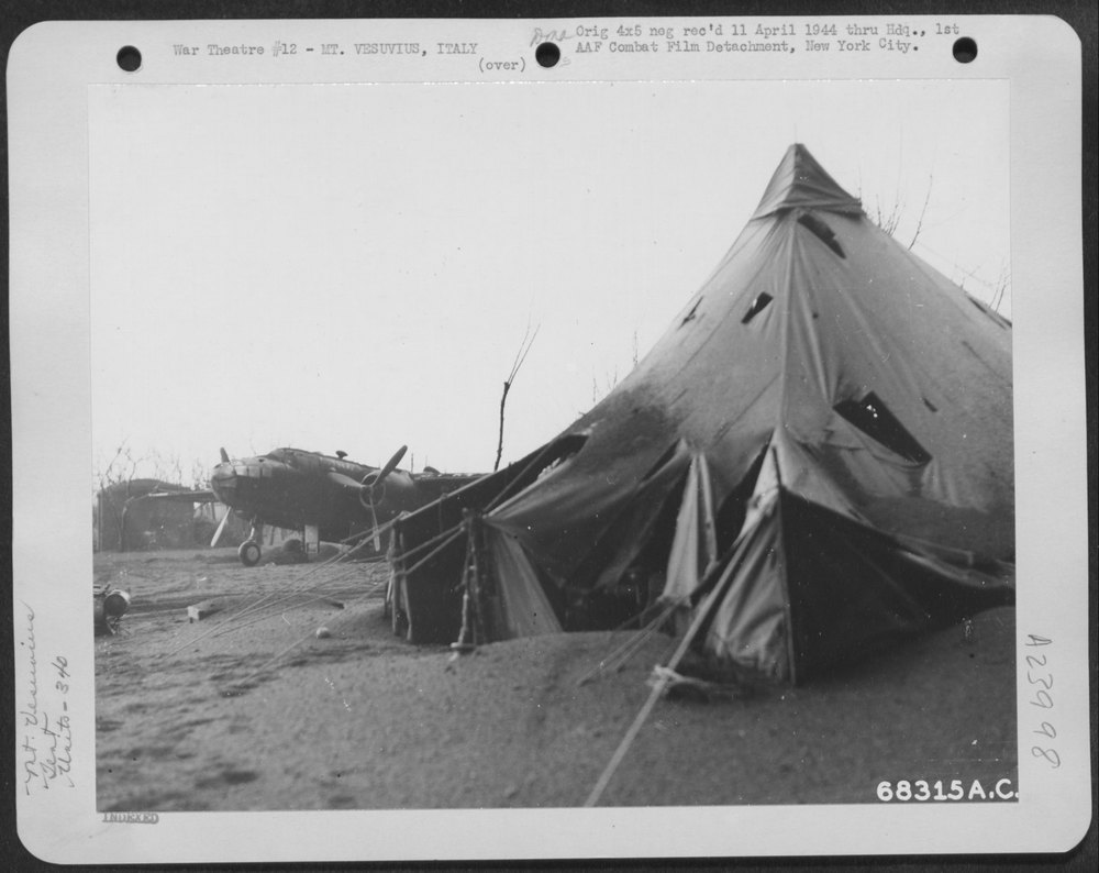 340th Bomb Group tent damaged by Mt Vesuvius eruption