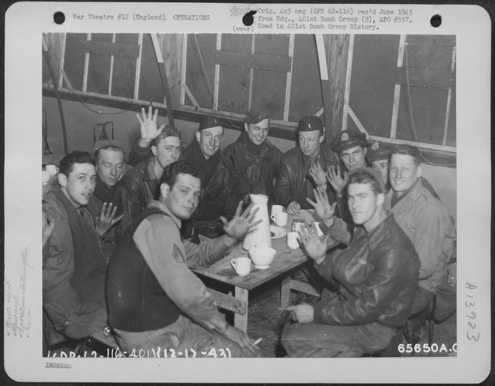 401st Bomb Group B-17 crew at interrogation