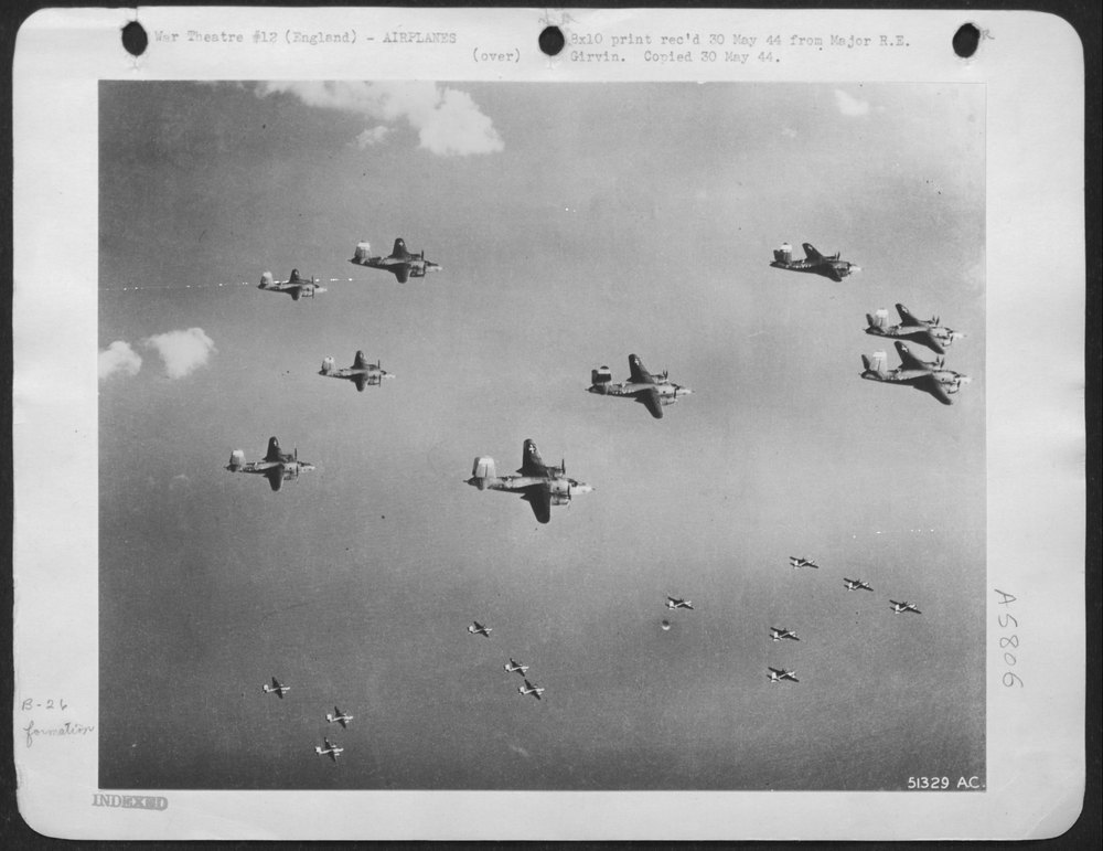 A fleet of Martin B-26 Marauder medium bombers of the 9th AF is shown