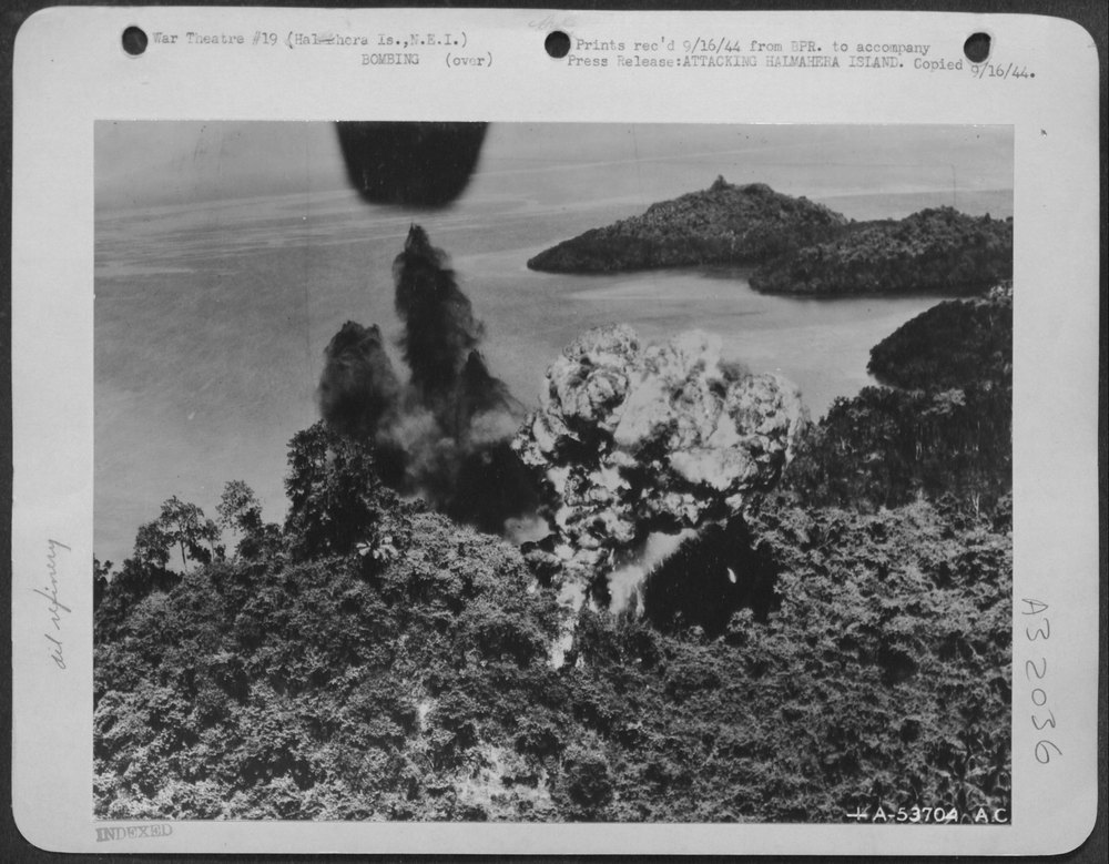 A ternate oil dump goes up in smoke after an attack by Mitchell
