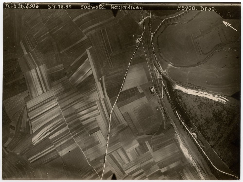Aerial photograph of agricultural fields and river