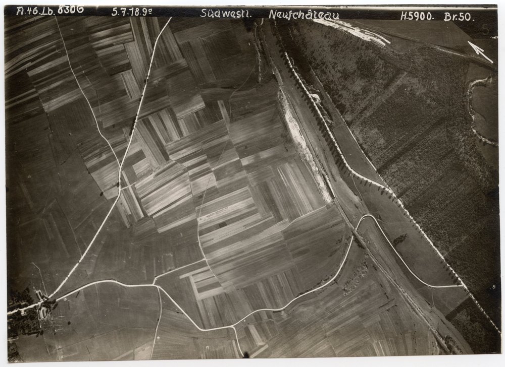 Aerial photograph of agricultural fields and settlement