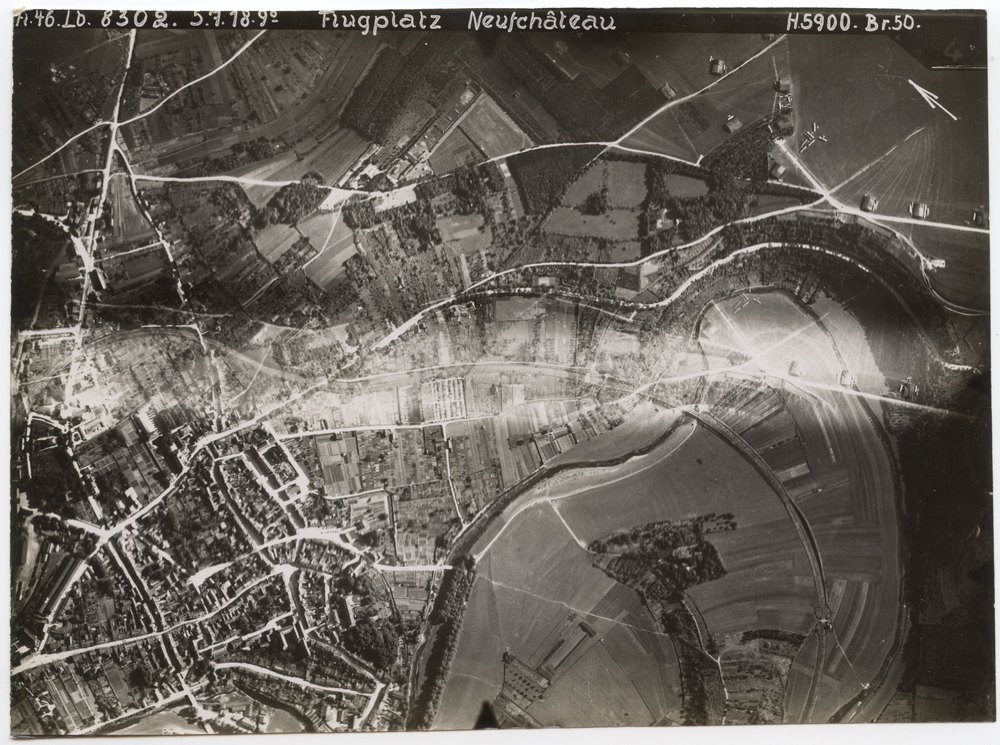 Aerial photograph of airfield near river