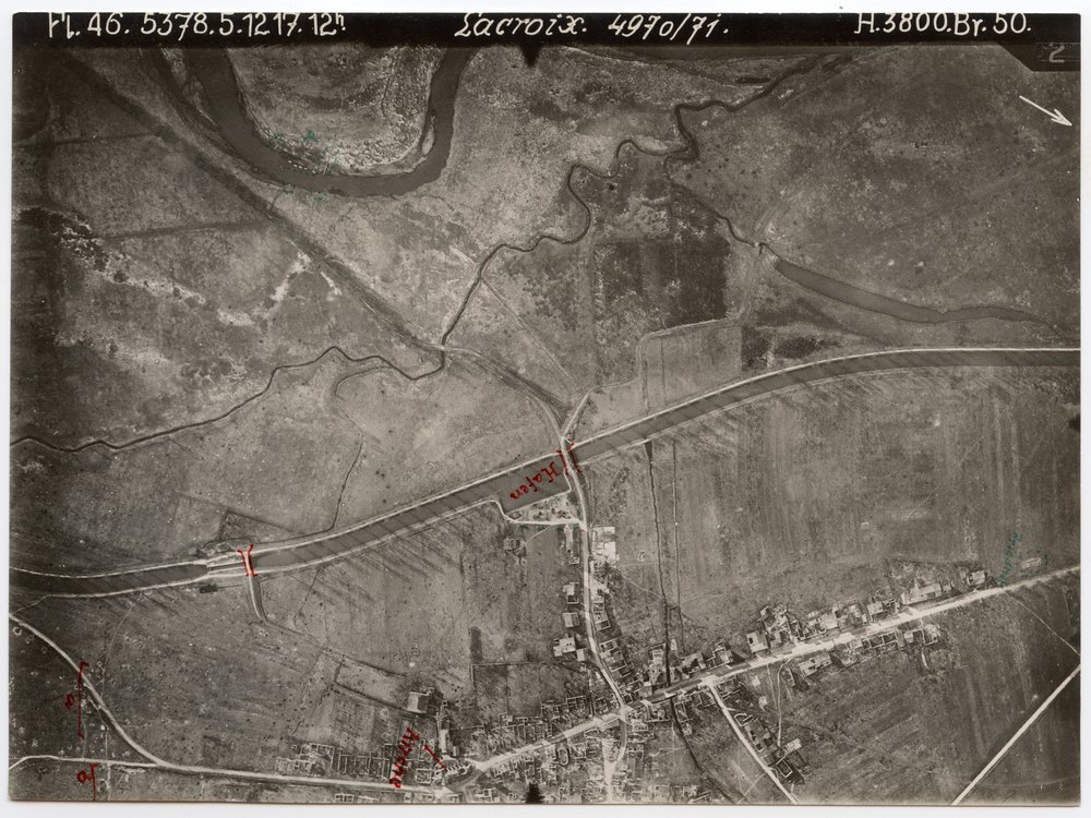Aerial photograph of Lacroix with river and canal