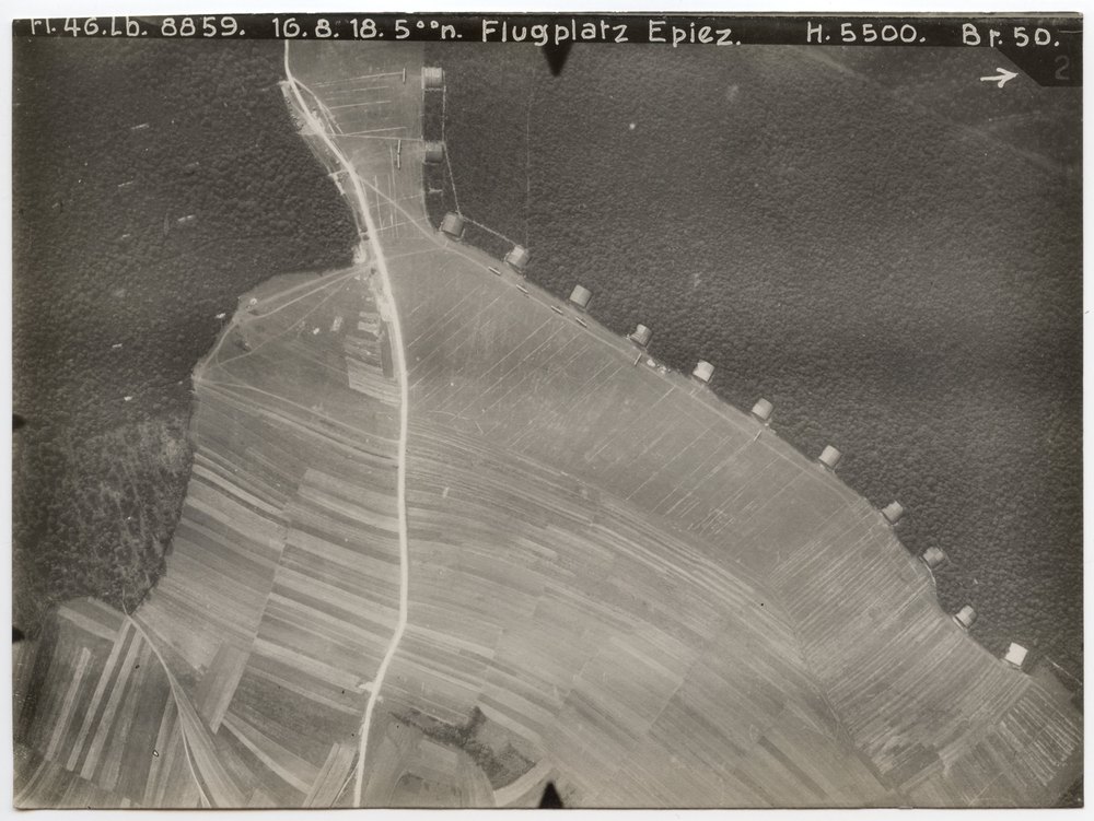 Aerial photograph of open field and forest