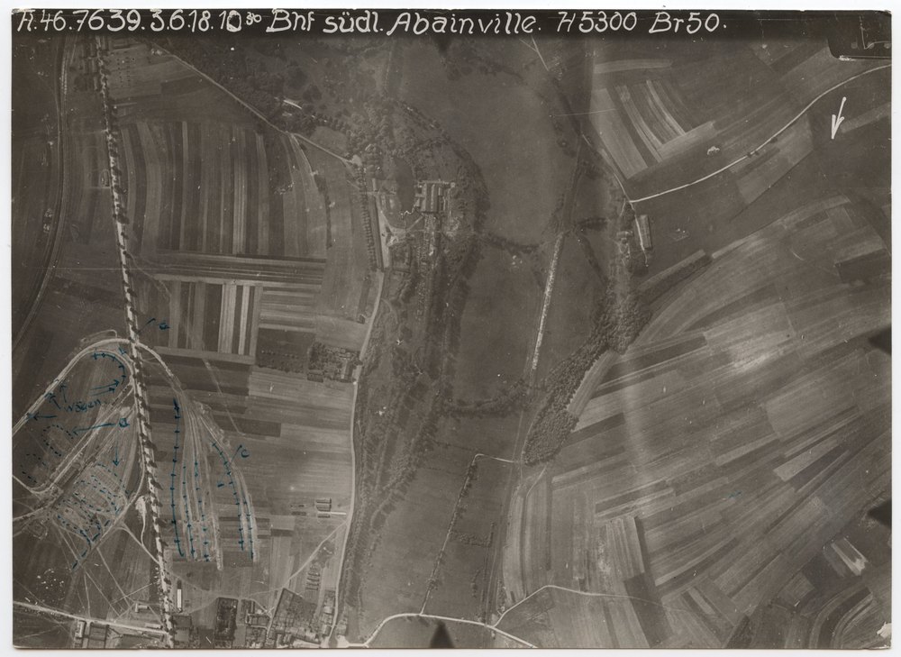 Aerial photograph of railway yard and surrounding fields