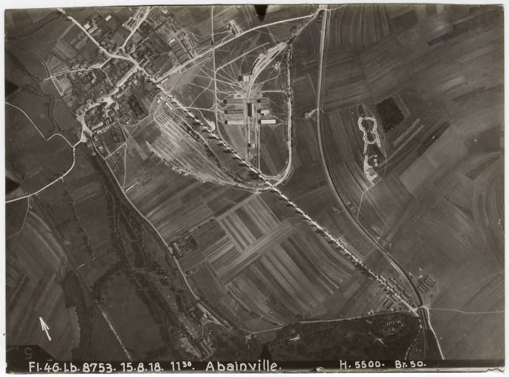 Aerial photograph of rural area with rail yard