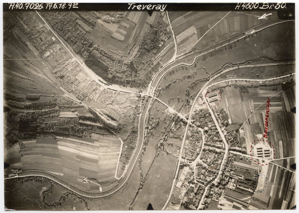 Aerial photograph of rural landscape with barracks camp