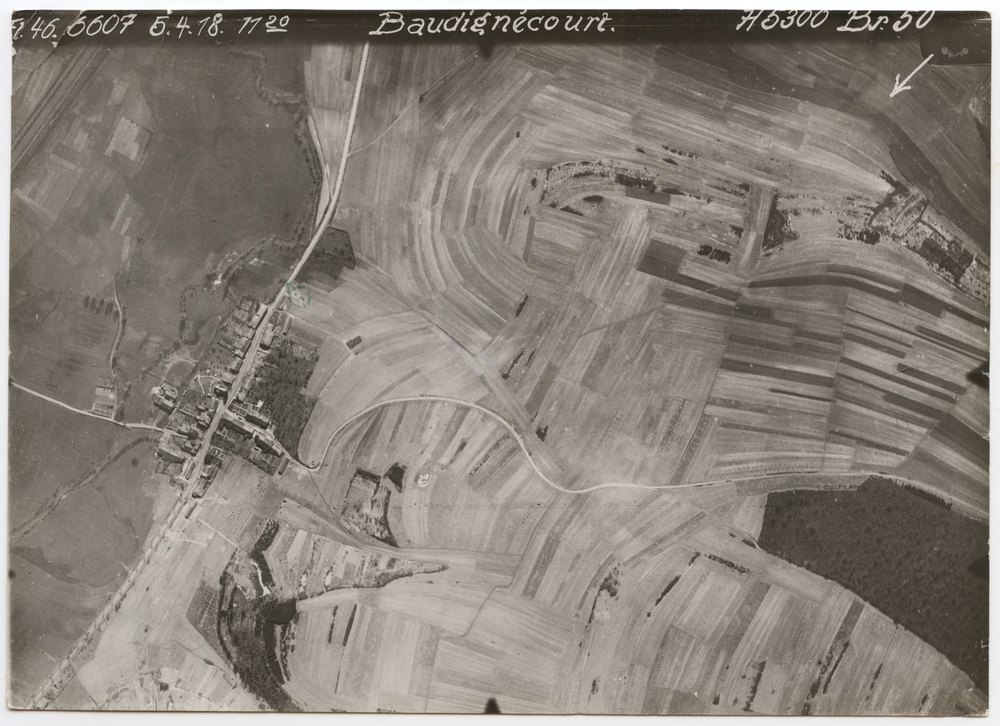 Aerial photograph of settlement and fields