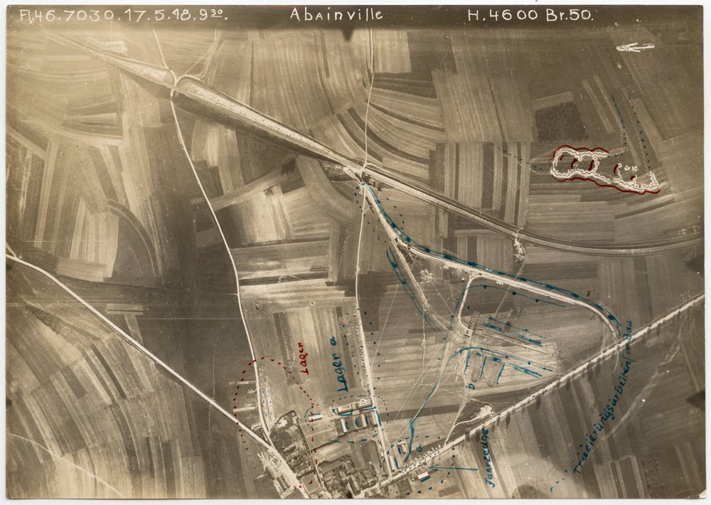 Aerial view of Abainville with barracks and railway