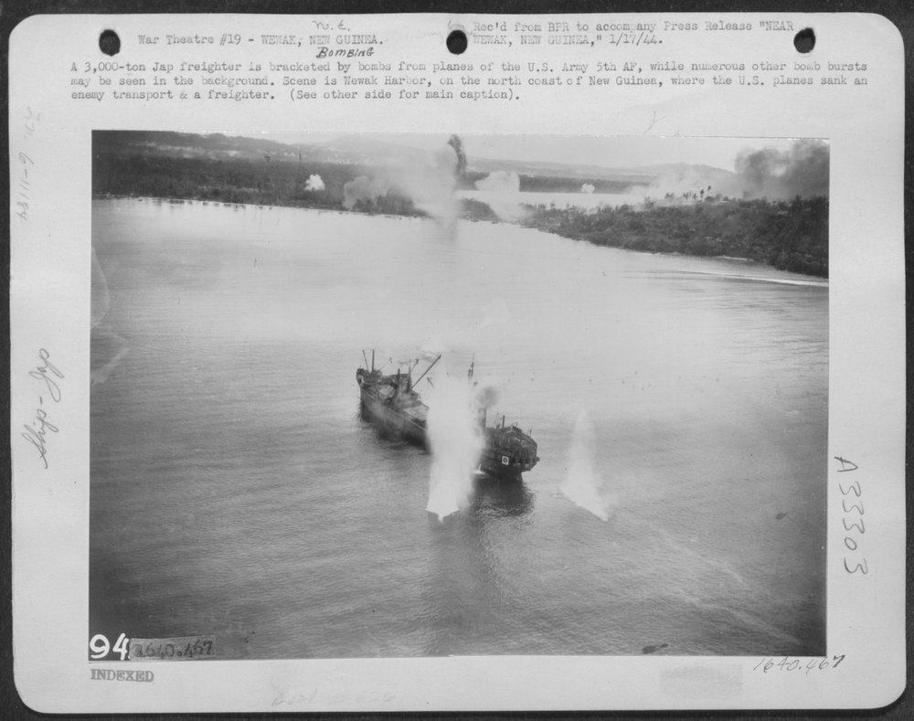 A 3,000 Ton Jap Freighter Is Bracketed by Bombs from Planes of the U.S