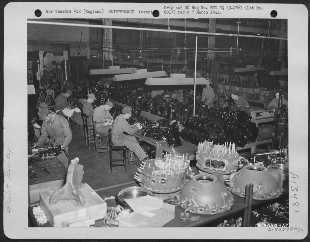 At the Warrington Burtonwood Air Depot in England, where flak-torn