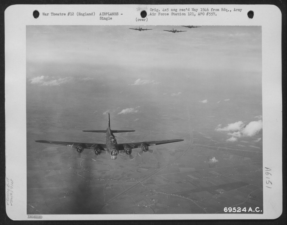 B-17 Flying Fortress over English countryside