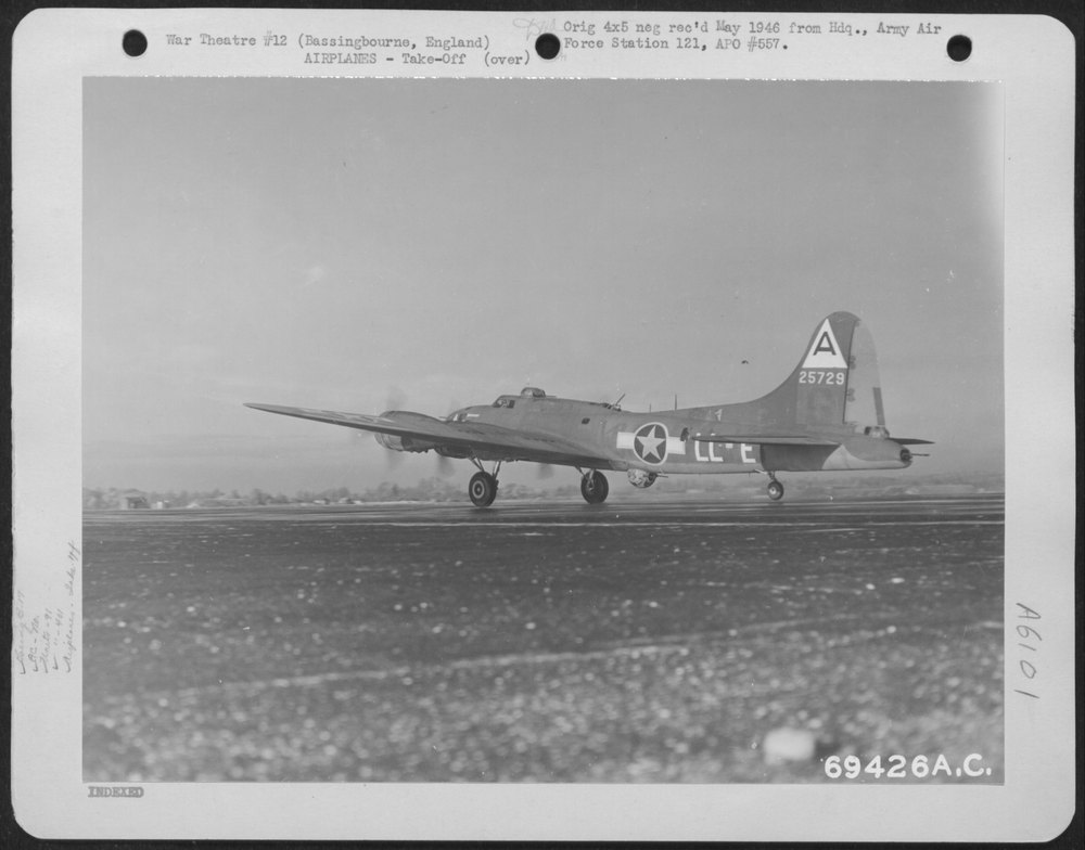 B-17 Flying Fortress takes off from Bassingbourne