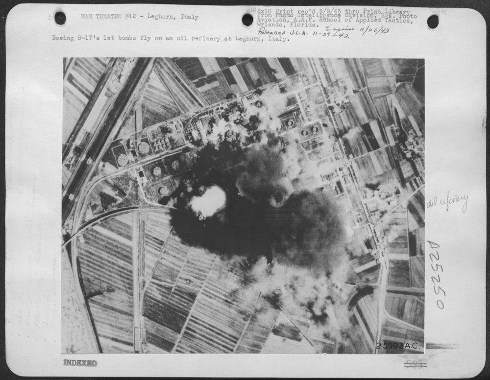 B-17's bomb Leghorn oil refinery
