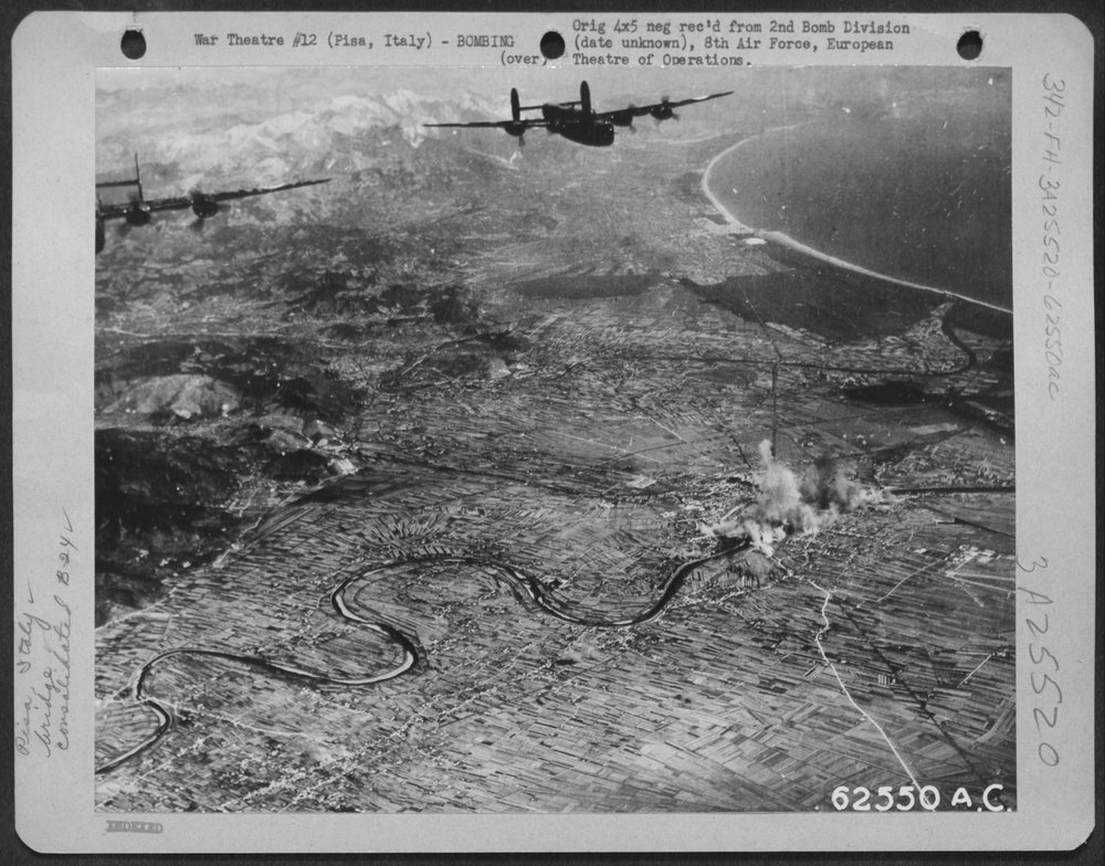 B-24 Liberators bombing bridge near Pisa