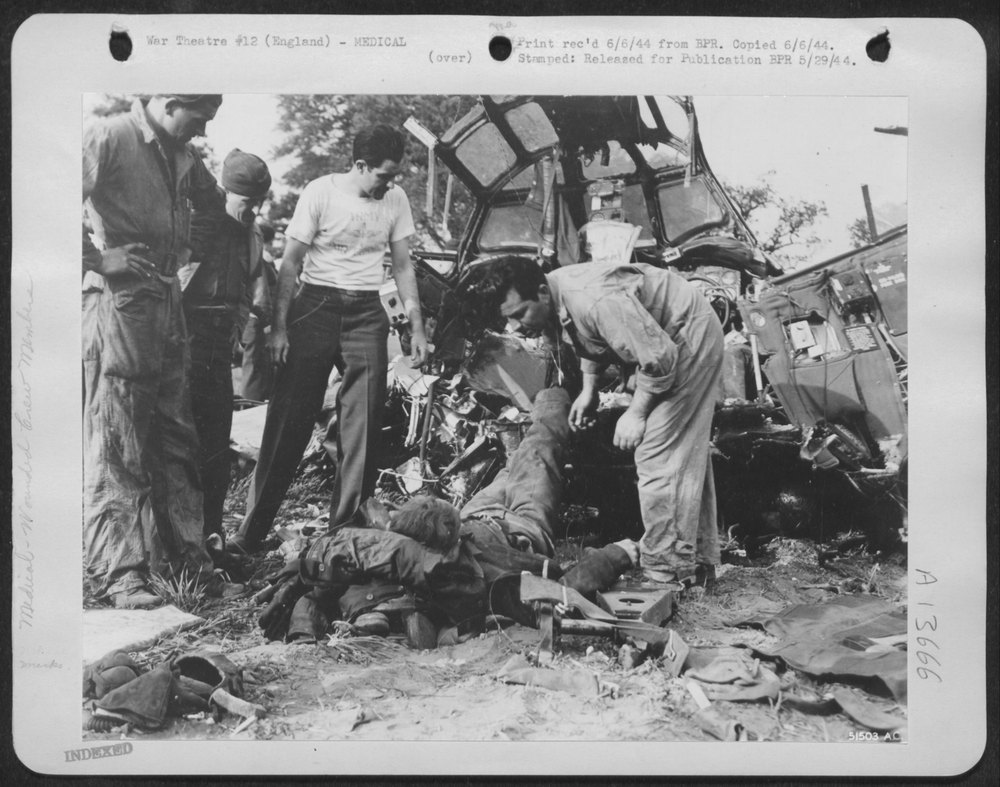 B-24 wreckage after German war plant attack