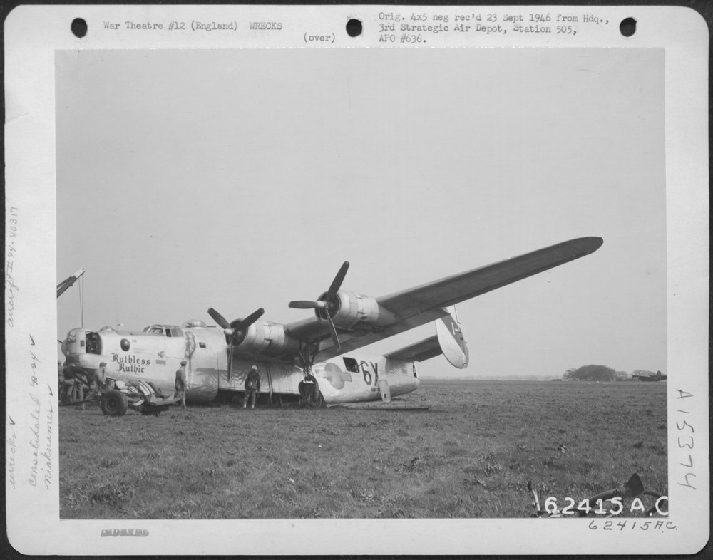B-24J Ruthless Ruthie crash lands at North Pickenham