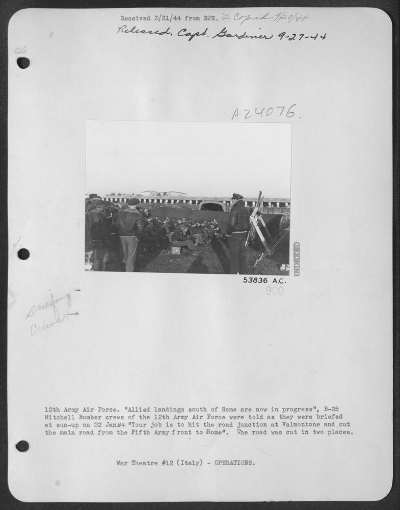 B-25 Mitchell Bomber crews briefed at 12th Army Air Force