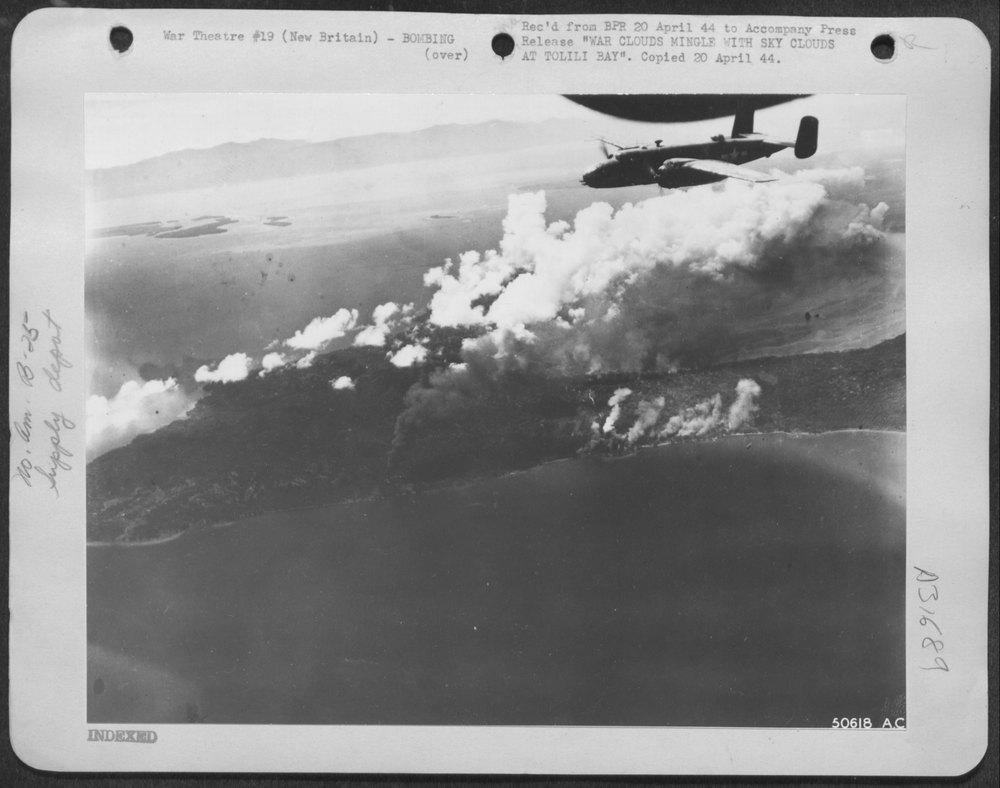 B-25 Mitchells bomb Japanese supply area near Rabaul
