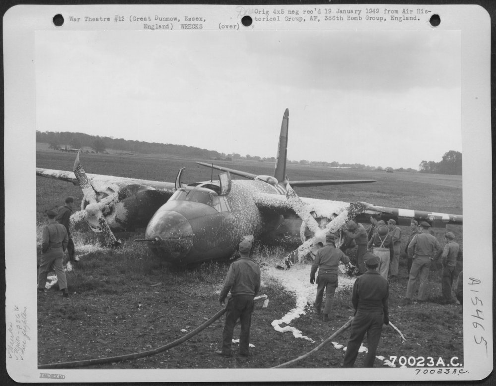 B-26 Marauder crash-lands at Great Dunmow