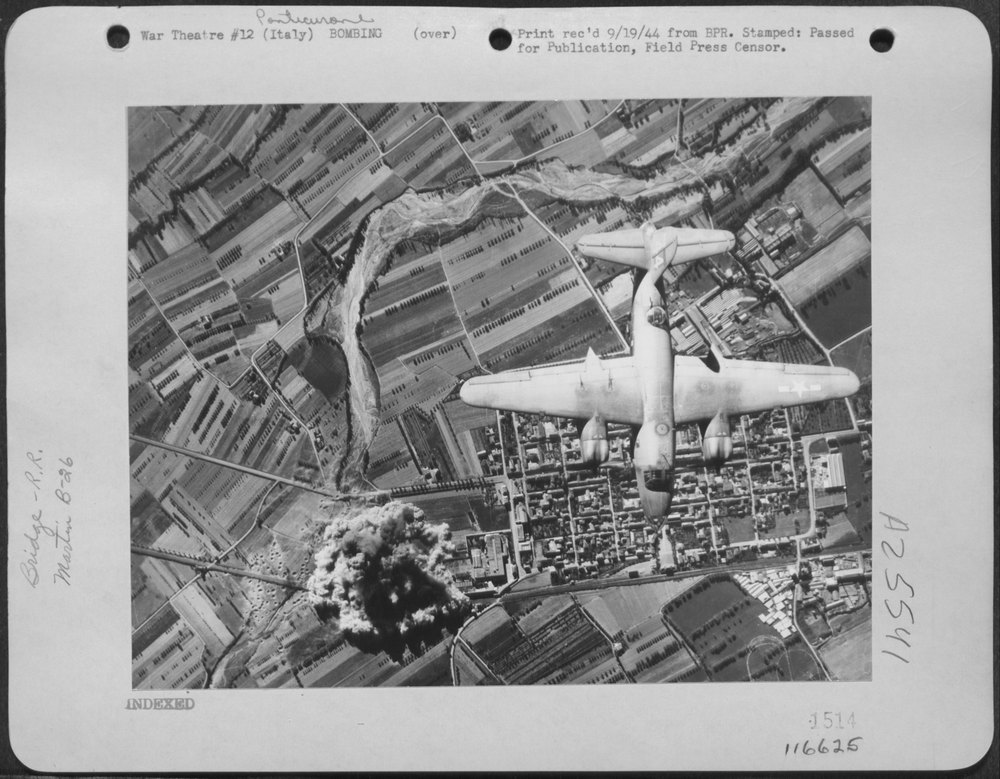B-26 Marauder over Pontecurone rail bridge