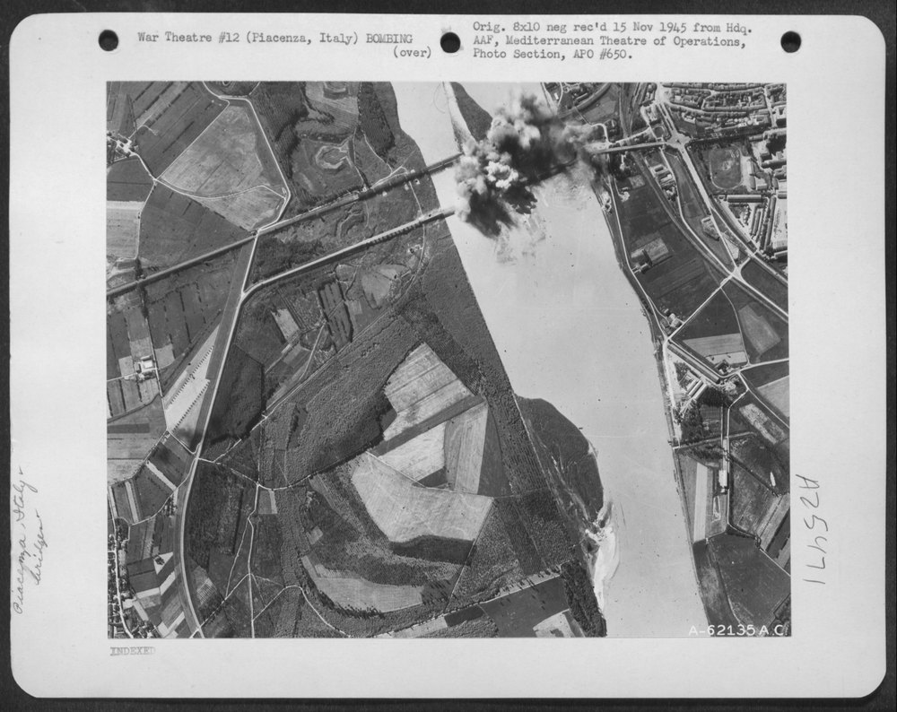B-26 Marauders blast bridge at Piacenza