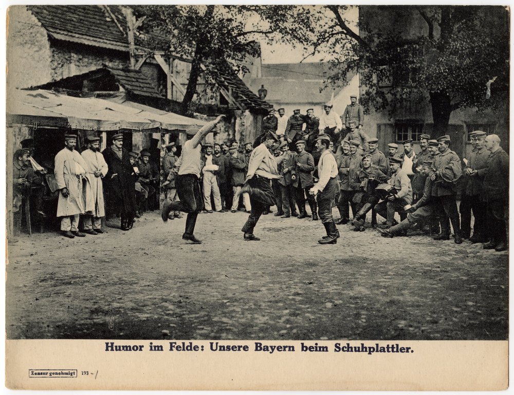 Bavarian military men performing Schuhplattler dance