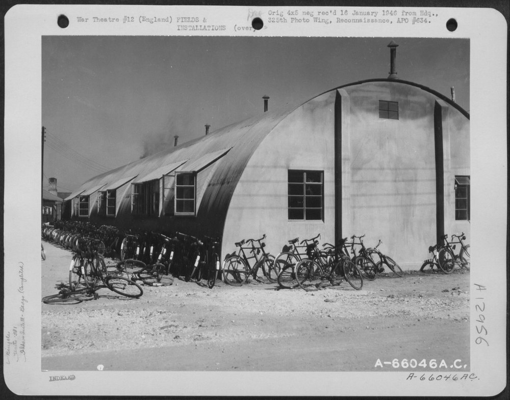 Bicycles beside Quonset hut of the 381st Bomb Group, 8th Air Force