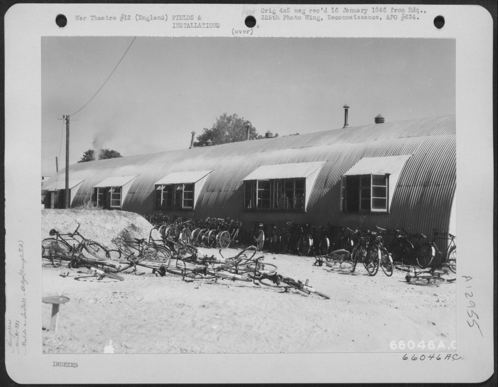 Bicycles beside Quonset hut of the 381st Bomb Group, 8th Air Force