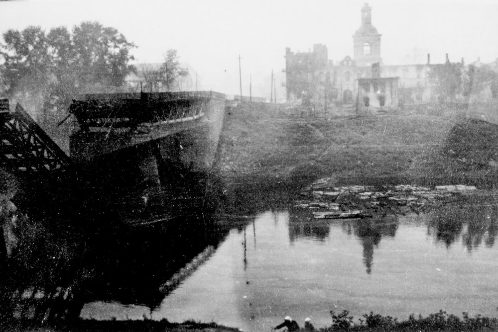 Blown up bridge over the river Dnieper
