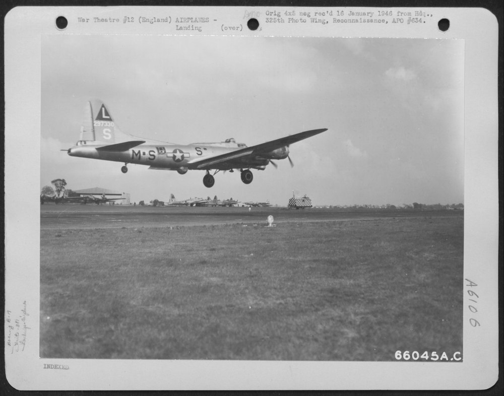 Boeing B-17 "Flying Fortress" of the 381st Bomb Group, settles down