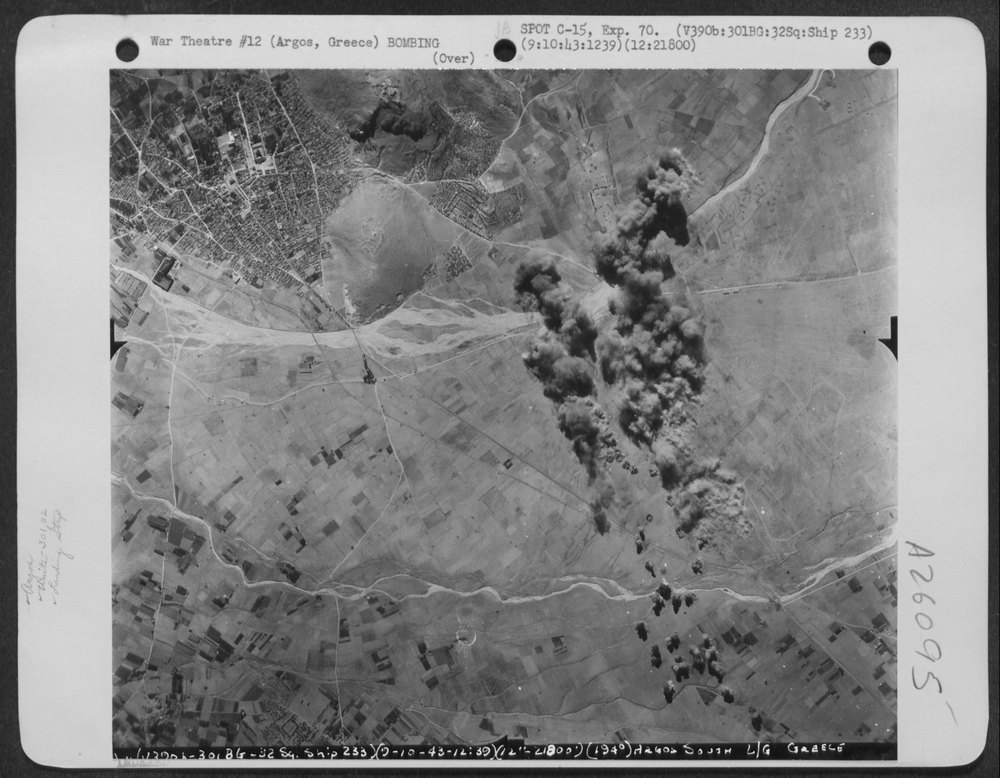 Bomb bursts at Argos South Landing Ground