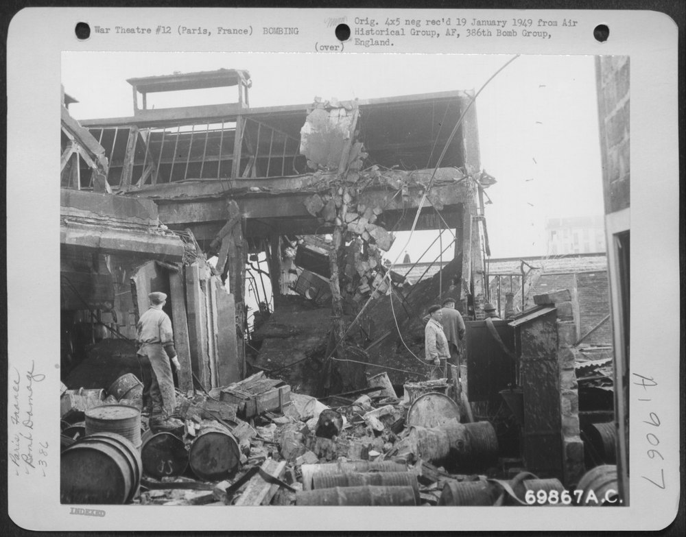 Bomb-wrecked buildings in Paris, France which were destroyed by bombs