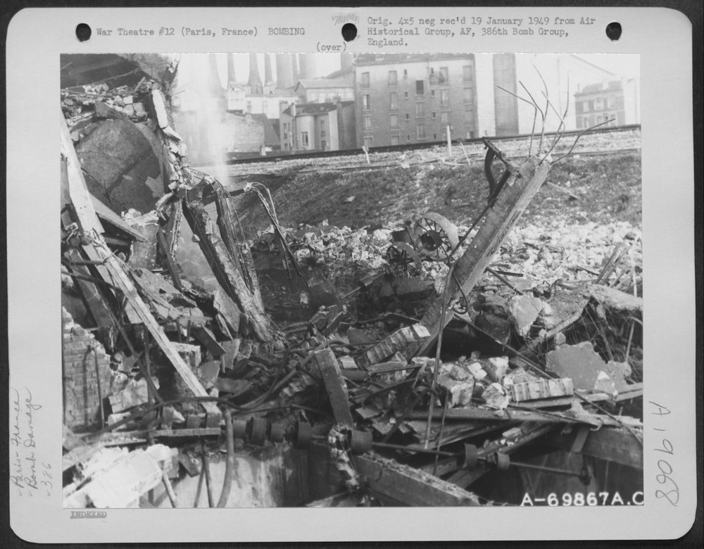 Bomb-wrecked buildings in Paris, France which were destroyed by bombs