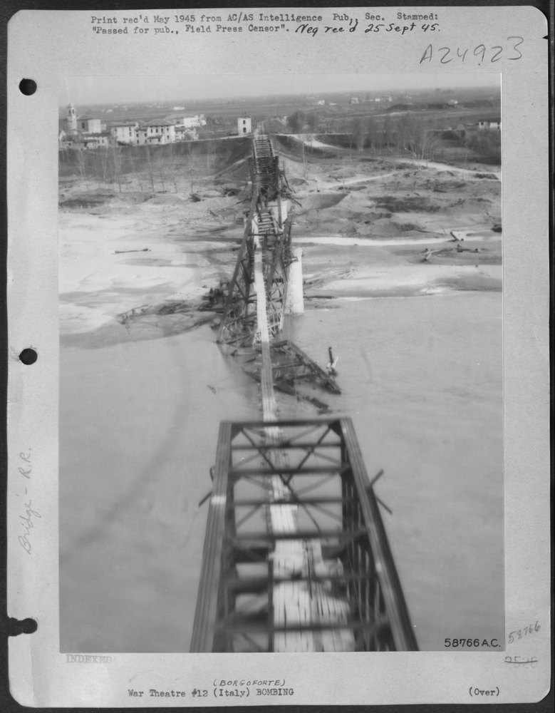 Bombed railroad bridge at Borgoforte