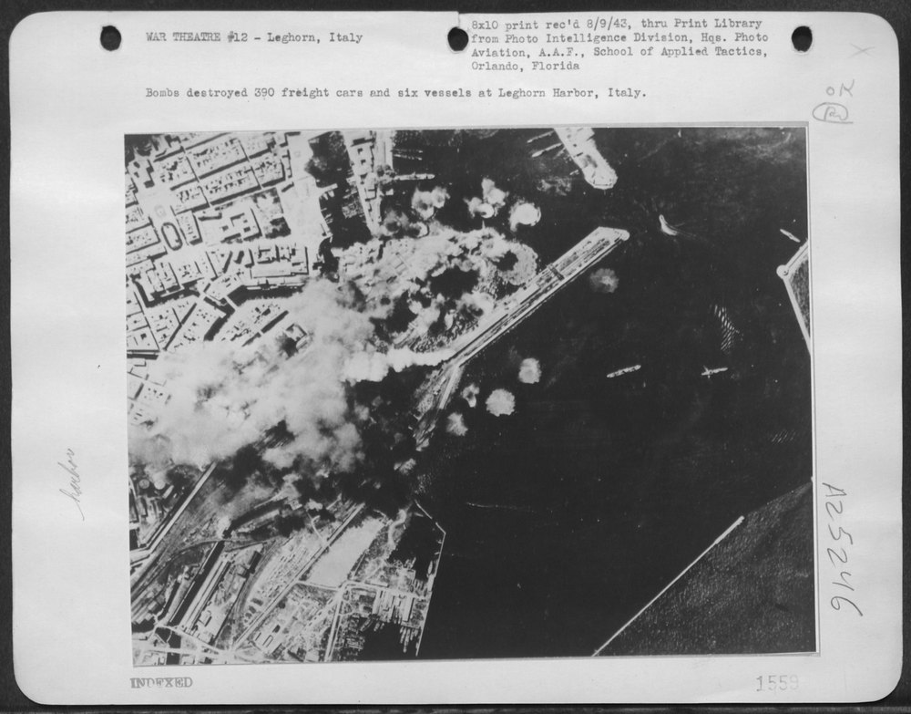Bombs destroy freight cars at Leghorn Harbor