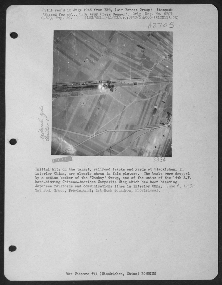 Bombs hit railroad tracks at Siaokichen