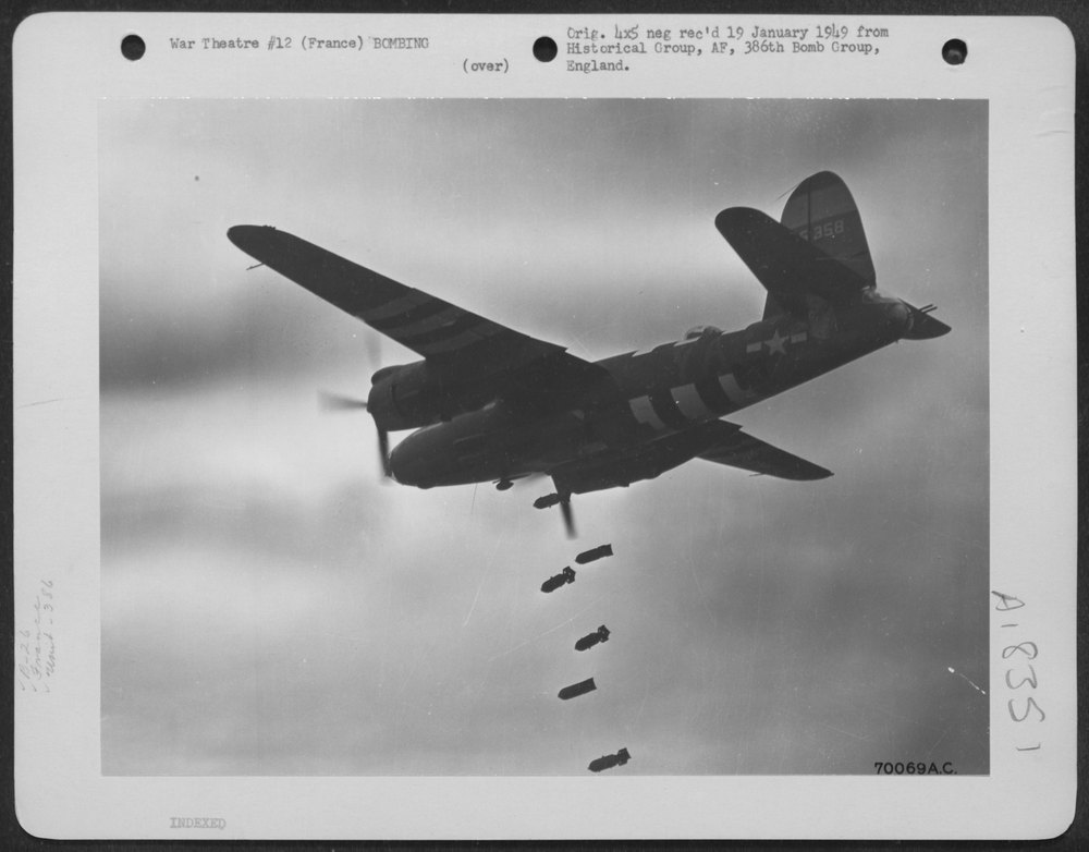 Bombs over Nazi strong point in Normandy