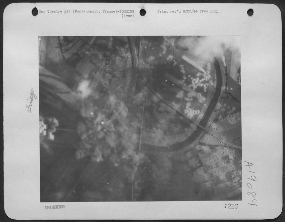 Bridge under cover -- erupting bombs hide the bridge at Pontaubault