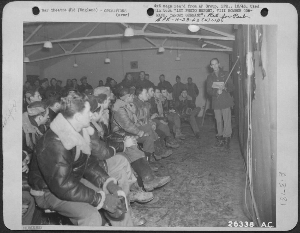 Briefing of Boeing B-17 Flying ofrtress Combat Crew Members of 8th