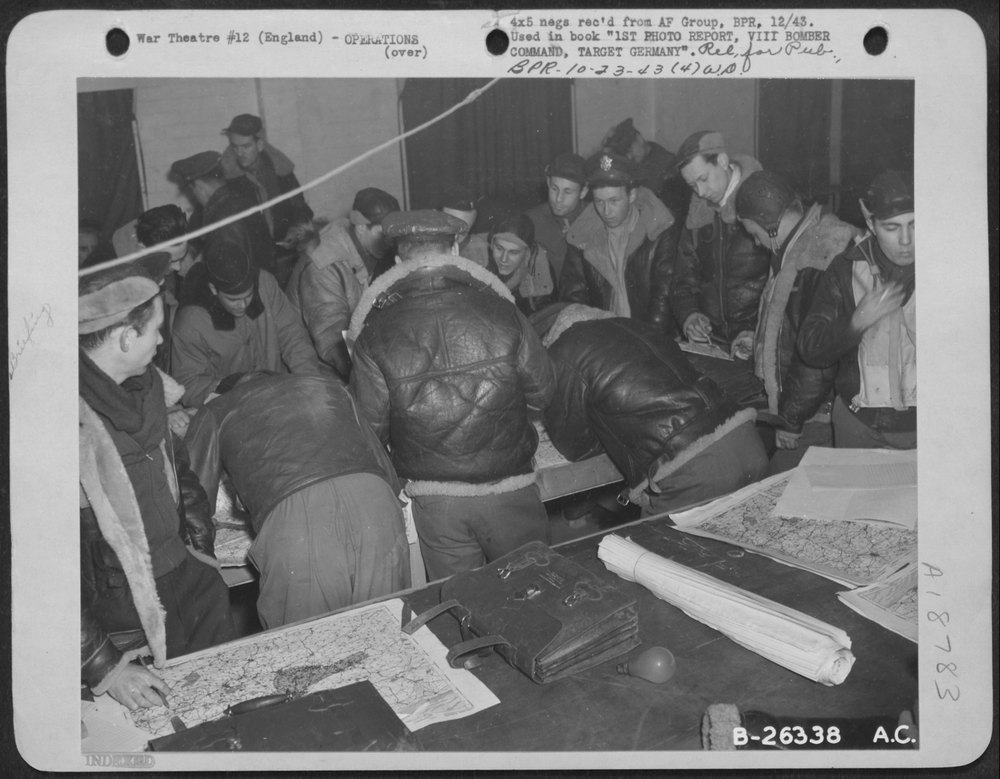 Briefing of Boeing B-17 Flying ofrtress Combat Crew Members of 8th