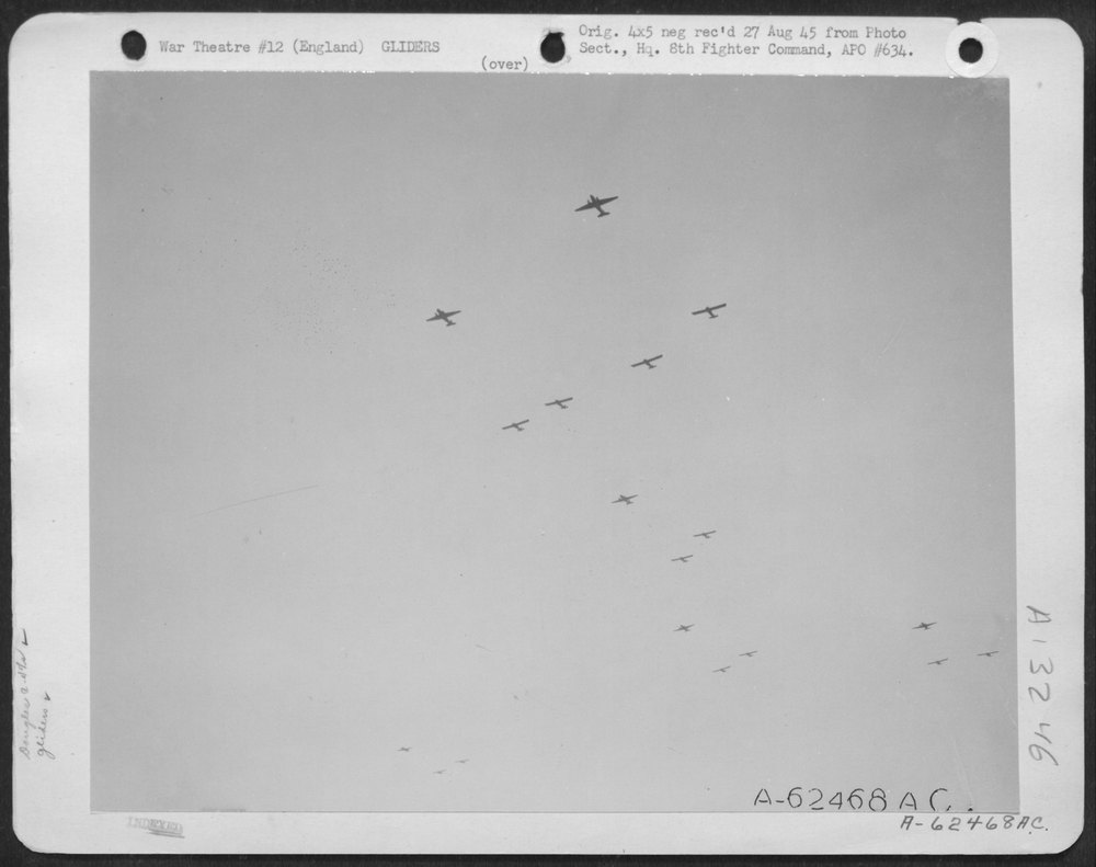 C-47 Transports Towing Gliders Over England