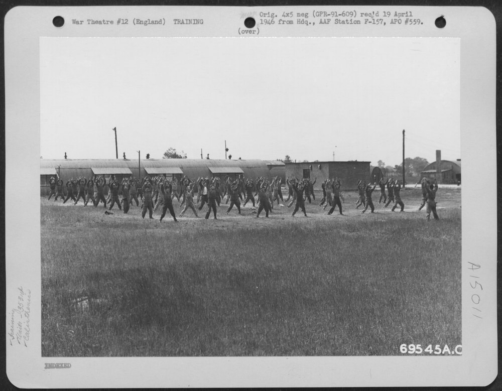 Calisthenics program set up by the 353rd Fighter Group keeps these