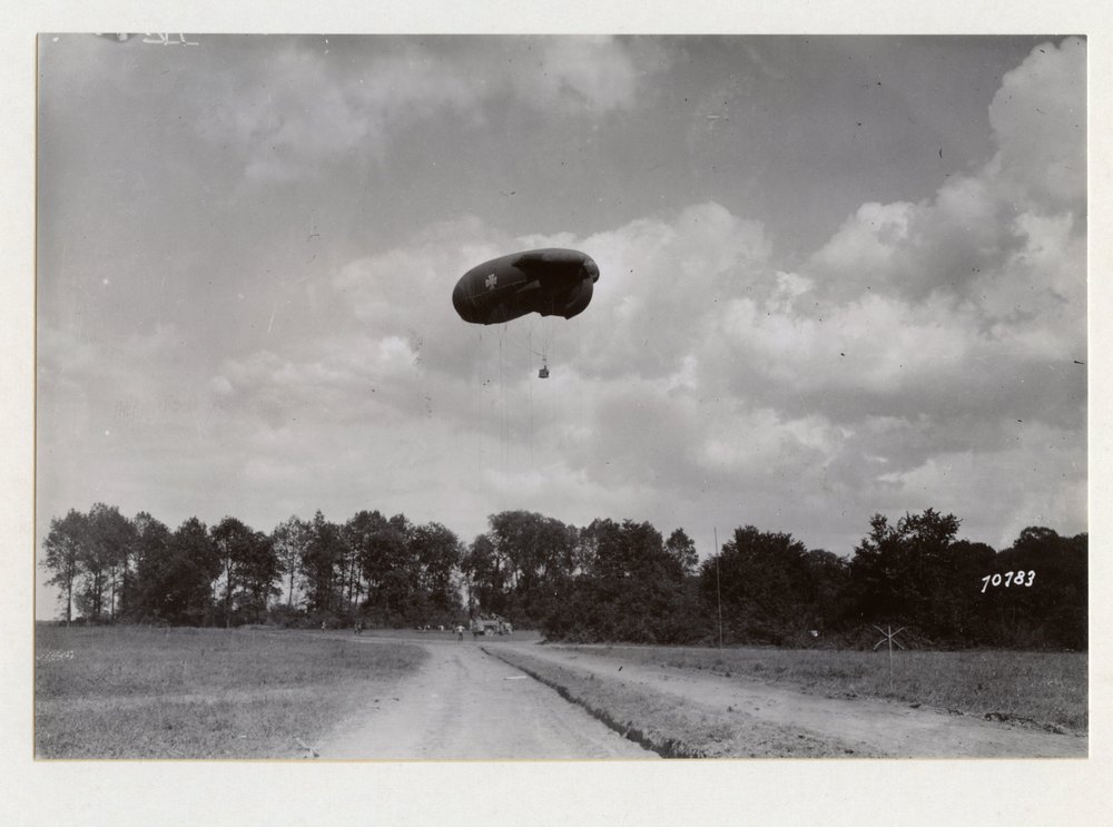Captive balloon with its truck and motor winch. The balloon can be shifted by truck after its ascension for a different observation position, The battles at Soissons