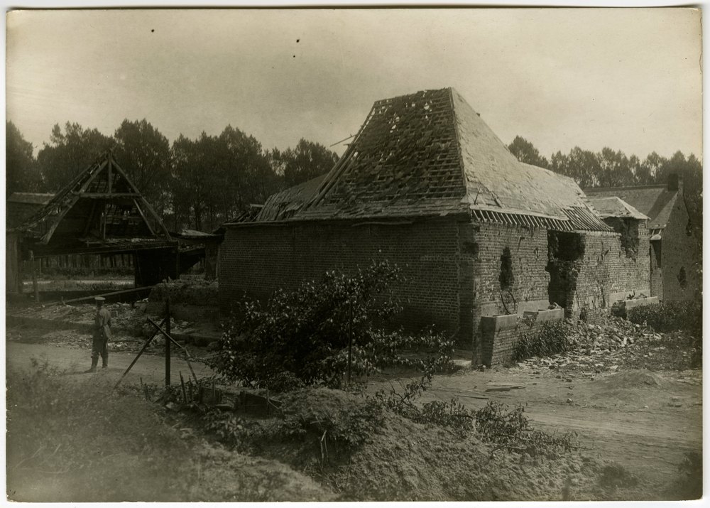 Damaged brick building with soldier
