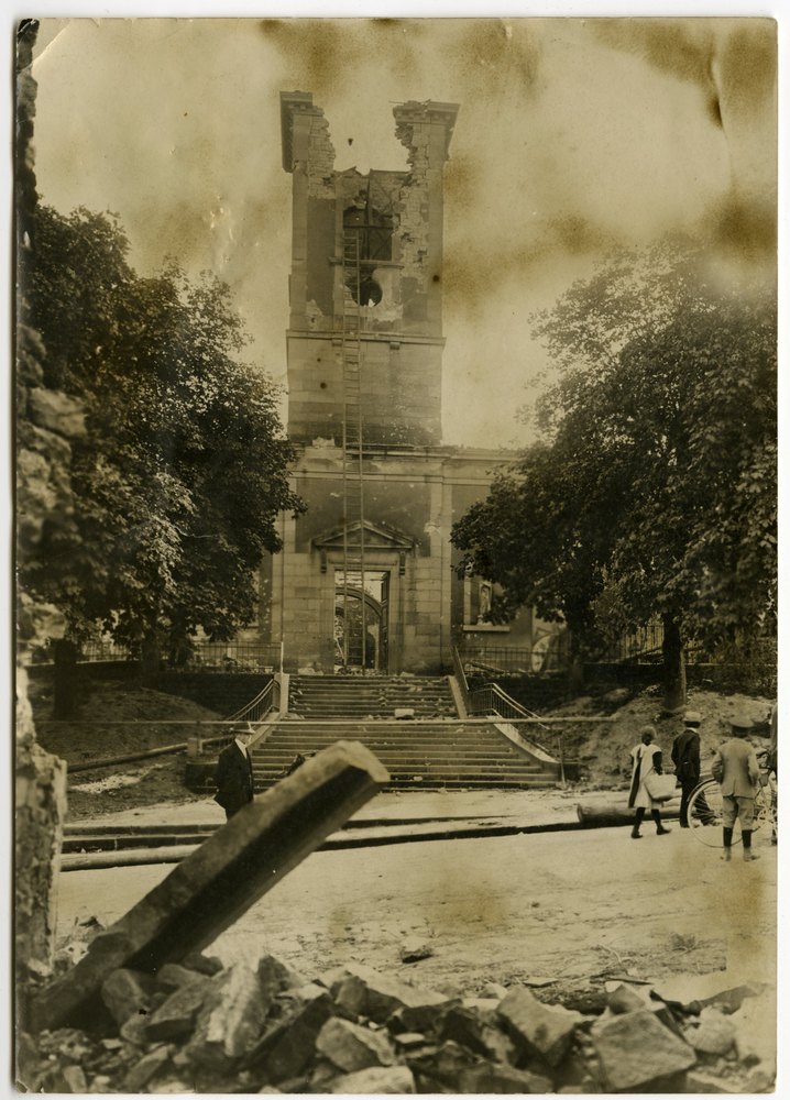 Damaged stone building with broken tower in Bruderdorf