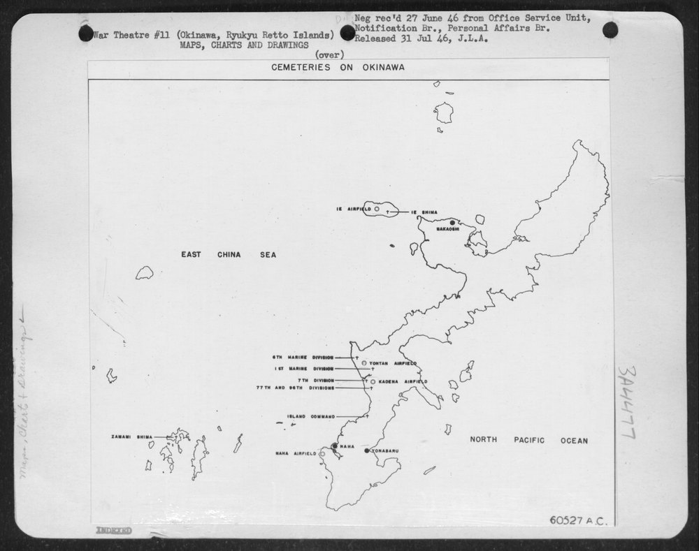 Drawing showing all United States cemeteries on Okinawa in the Ryukyu