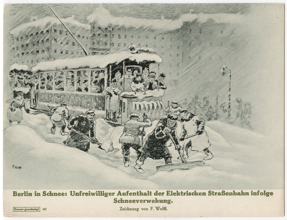 Electric streetcar stuck in snow in Berlin